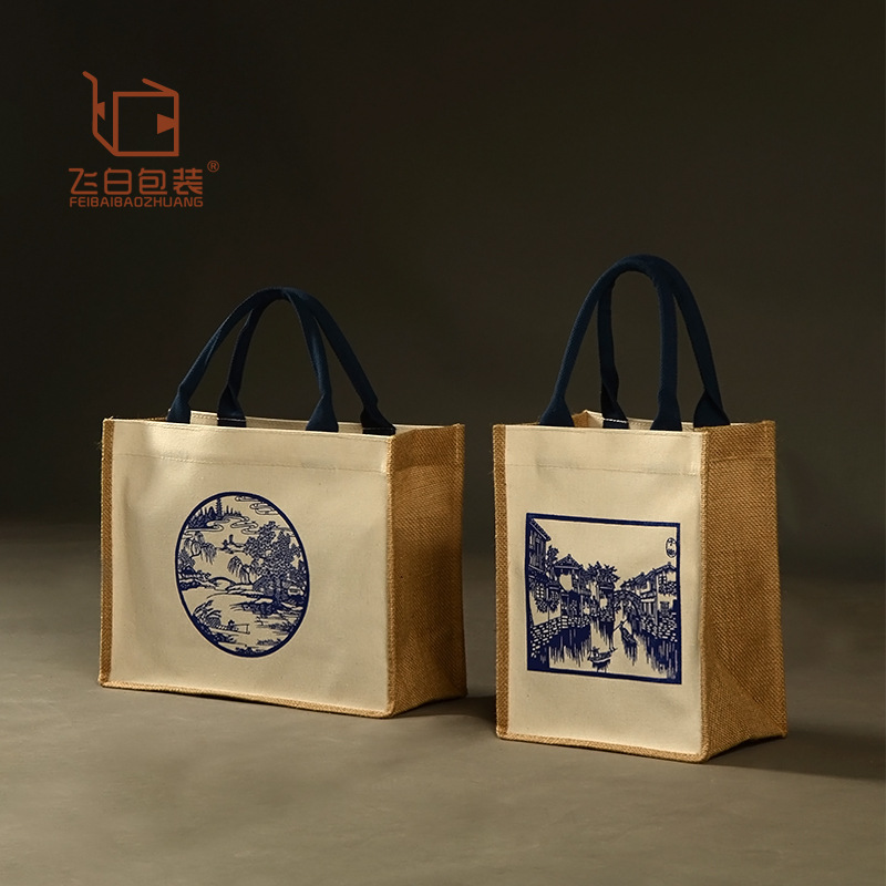 Color handle canvas jute cloth bag artistic fashion waterproof linen cloth handbag environmental protection shopping bag cotton and linen gift bag