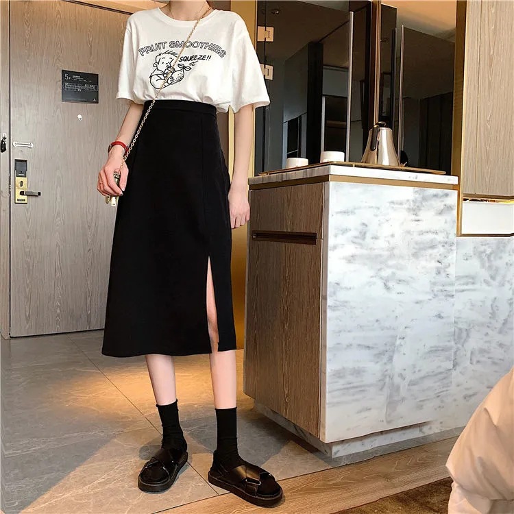 Women's Skirt Summer New plus size chubby girl High Waist Slimming Side Slit Mid-length A- line Skirt Hip Skirt Black