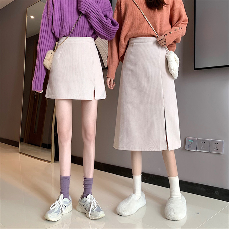 Picture of Autumn and Winter Split A- shaped Skirt 2021 New Style Western Style High Waist Slimming Corduroy Solid Color All-match Hip Skirt