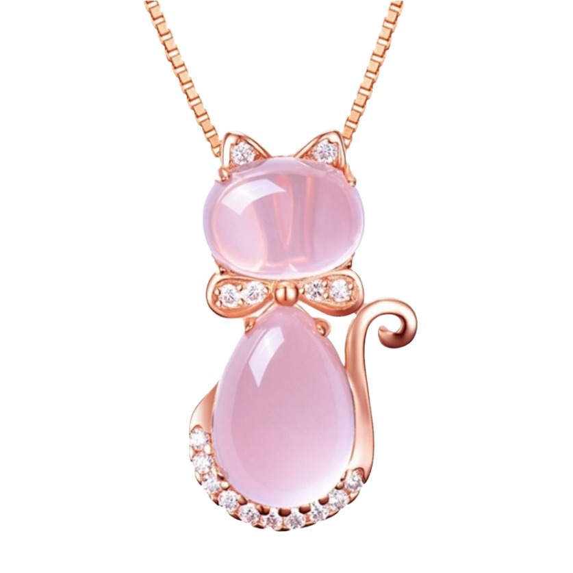 Picture of Korean Style Necklace Rose Gold Plated Natural Hibiscus Stone Pink Crystal Cat Women's Pendant Collarbone Chain Jewelry Pendant