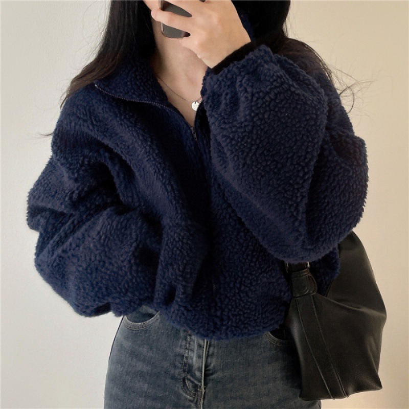 Picture of Lamb wool sweater women's 2025 autumn and winter fleece-lined thickened loose cardigan zipper collar coat coat tide