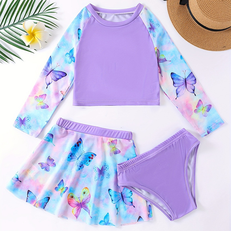 Three-piece Girl's Bikini Butterfly Printed Sunscreen Long-sleeved T-shirt Ruffled Mesh Skirt Vacation Swimwear