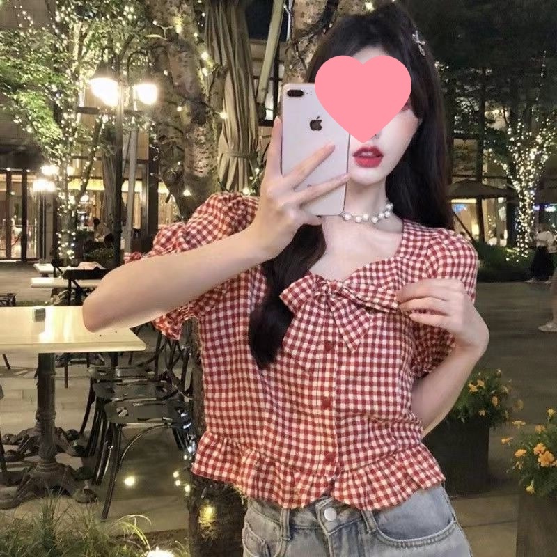 2025 Summer New French Style Retro Plaid Short Square Collar Shirt Women's Design Niche Bubble Short Sleeve Top