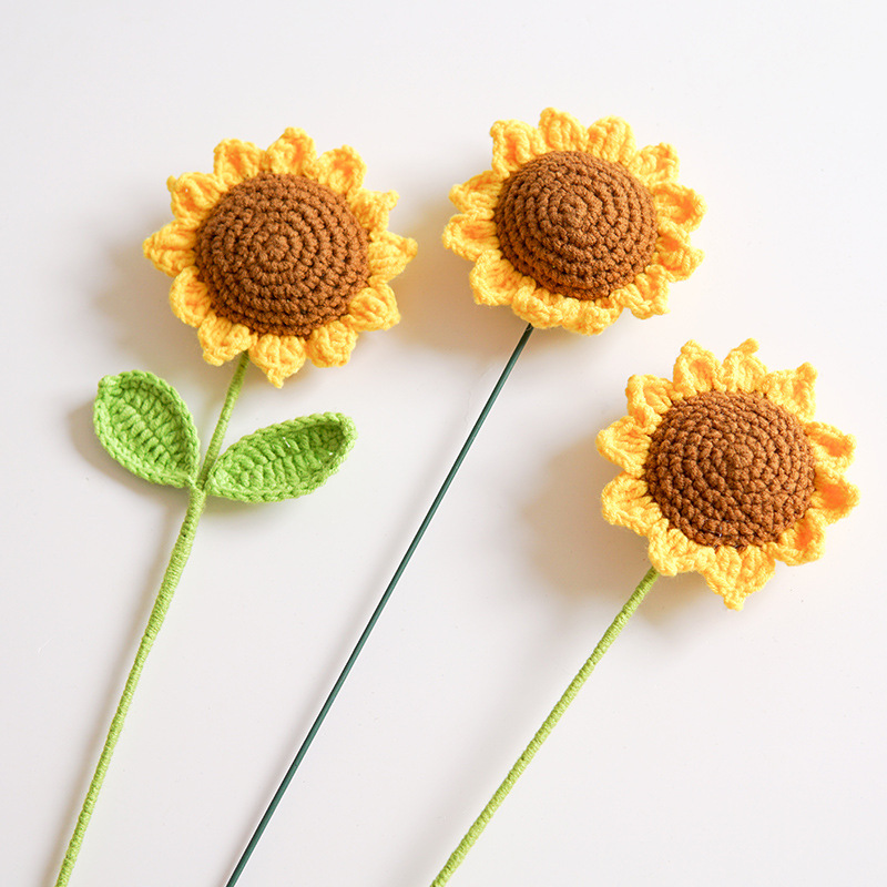 Picture of Hand-Knitted Finished Sunflower Bouquet Wool Homemade Crocheted Flower Artificial Flower Teacher's Day Gift Knitted Bouquet