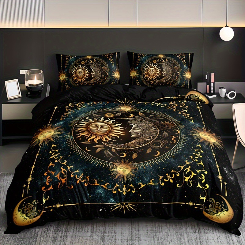 Cross-border Sun Moon Bedding suit Elegant Golden Sun Moon Duvet Cover Three-piece Factory Outlet
