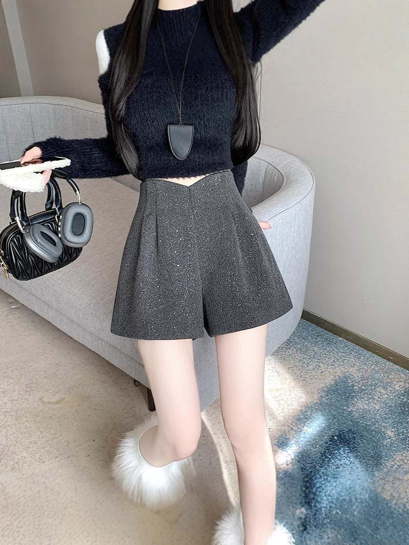 Starry Woolen Shorts High Waist A- Shining Casual Suit Sequin Shiny Boots Pants Autumn and Winter Spice Girls Wide Leg Pants