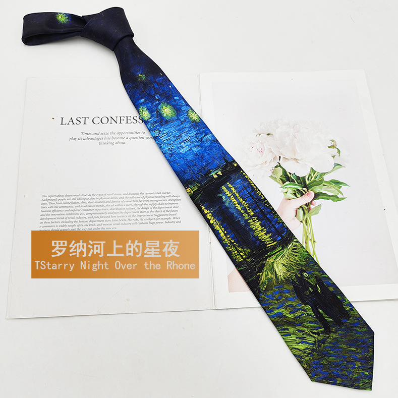 Picture of Van Gogh Oil Painting Men's Polyester Printed Vintage Tie Factory in stock Fashion Casual Tie Hand Tie 8cm