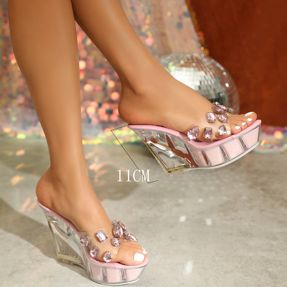 1101-A48 music festival sexy wedge 11CM nightclub high heels fashionable women's shoes catwalk steel tube transparent crystal bottom