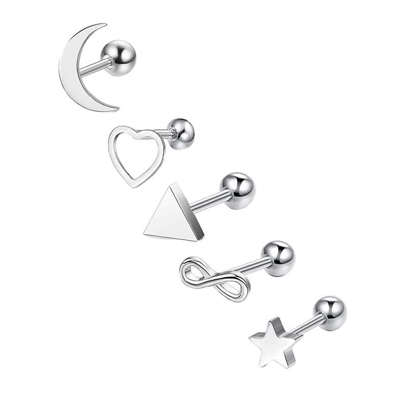 Picture of 5-Piece Set of Amazon Geometric Stainless Steel Zircon Earrings Cross-Border European and American Piercing Jewelry Silver Twisted Tooth Earrings