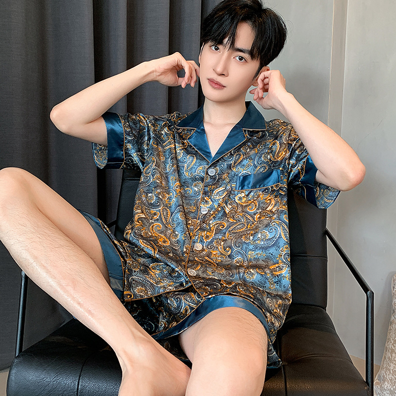 Men's pajamas suit men's spring and autumn winter 2024 new summer ice silk long sleeve cardigan thin homewear