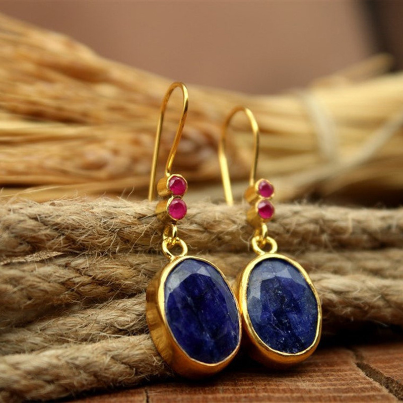 He Cheng elegant high sense niche natural imitation Afghanistan lapis lazuli earrings jewelry cross-border exclusive