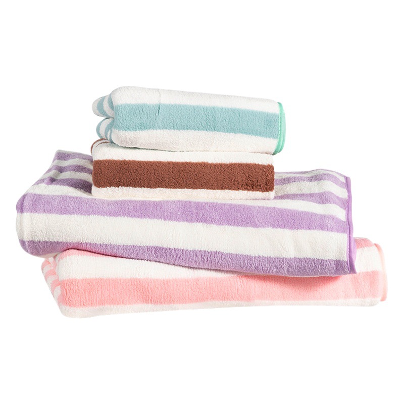 Towel coral fleece thickened double-sided fleece face towel absorbent edging non-cotton striped dry hair towel wholesale