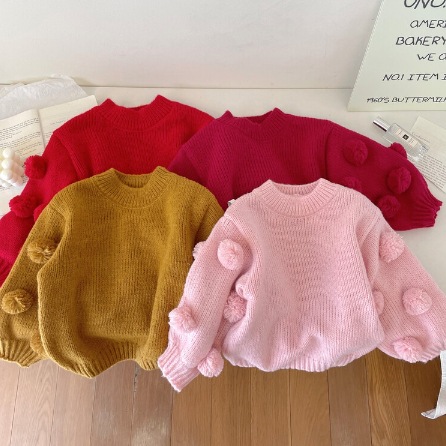 Picture of Girls Pullover Sweater 2025 Autumn and Winter New Korean Style Kidsren's Style Baby Girl Red Lantern Sleeve Fur Ball Sweater