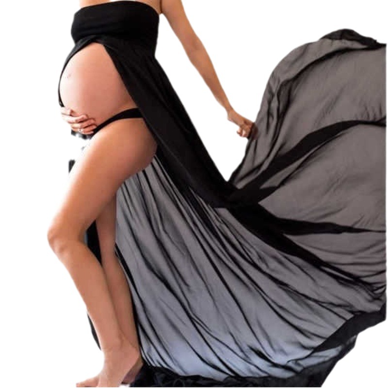 European and American Foreign trade hot selling high waist tube top mesh maternity dress high slit sexy bathrobe drop shooting long dress