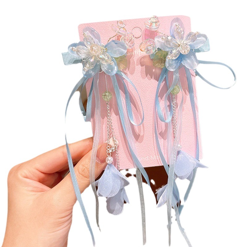 New ancient costume Hanfu hair accessories hairpin children's clip Super fairy tassel side clip headdress flower girl's ancient style headdress accessories