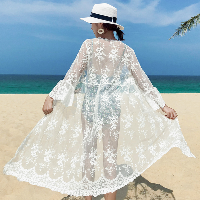 Summer Beach Swimming Lace Sunscreen Clothing with Skirt Cardigan Top Mid-length Ultra-thin Super Fairy Jacket