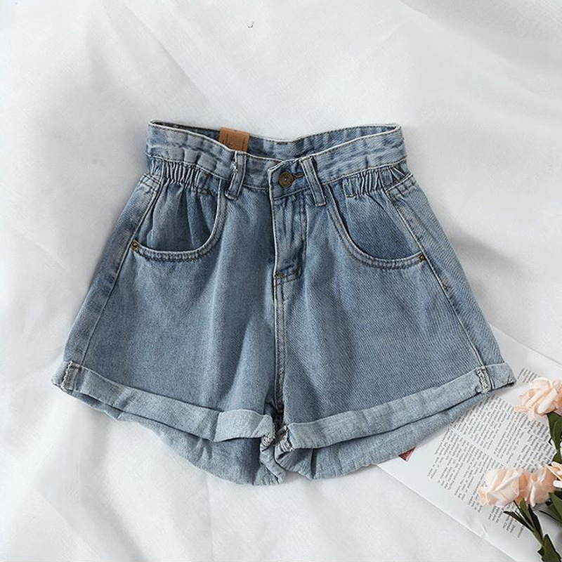 Picture of Elelasticated High Waist Denim Shorts Women's Slim Look Summer 2021 New Korean Style Loose Wide Leg Pants Student Curling Hot Pants Trendy
