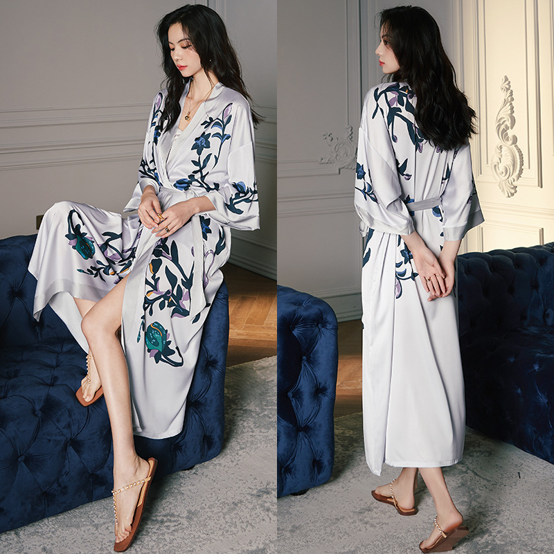 Picture of Yaoting Satin Printed Pajamas for Women Summer Large Size Accessible Luxury Three-Quarter Sleeves Cool Long Nightgown Home Wear Women Wp2669