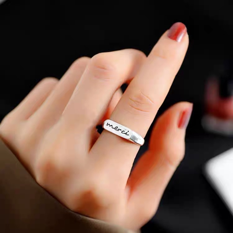Korean Style S925 Sterling Silver Ins Personalized Retro English Alphabet Ring Cold Style Design Opening Ring Women's Jewelry
