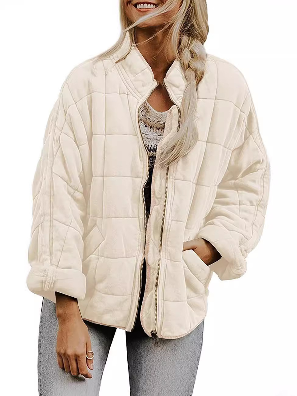 Picture of Cross-border foreign trade Amazon solid color stand collar cotton-padded jacket 2024 European and American women's loose long sleeve pocket jacket