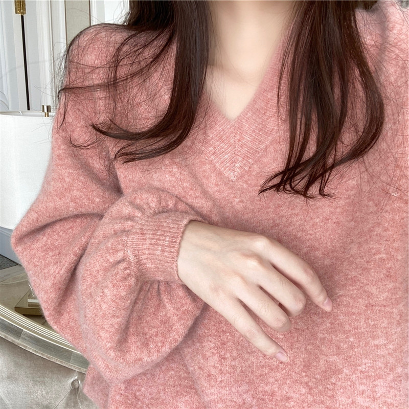 Shimi High-grade V-neck Pink Sweater Women's Autumn and Winter Pullover Lazy Slim-fit Loose Knitted Base Top