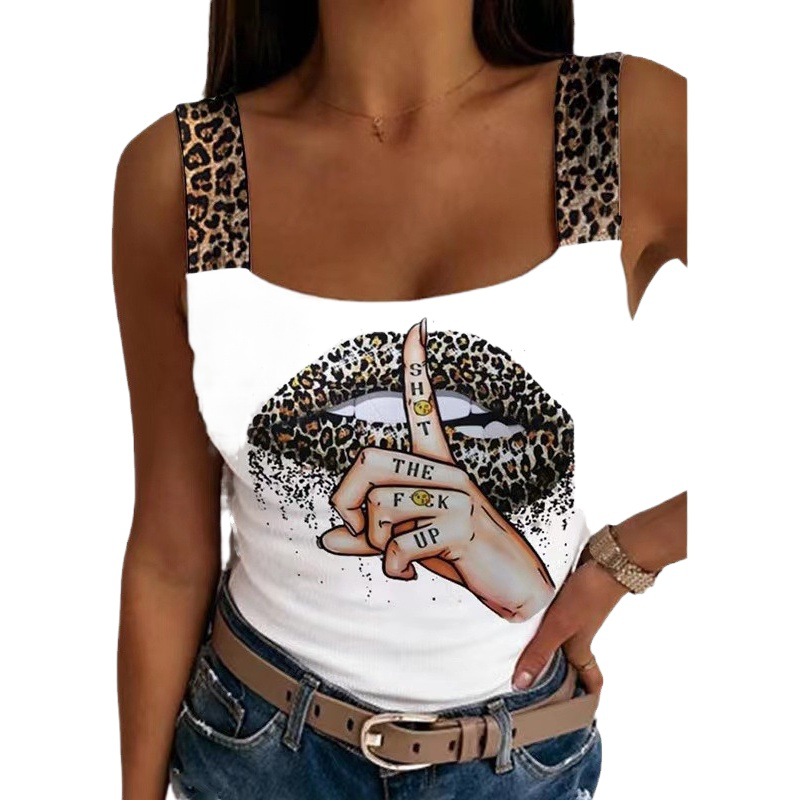 2023 Amazon AliExpress wish New European and American Foreign Trade Women's Sexy Sling Lip Printed Vest Top