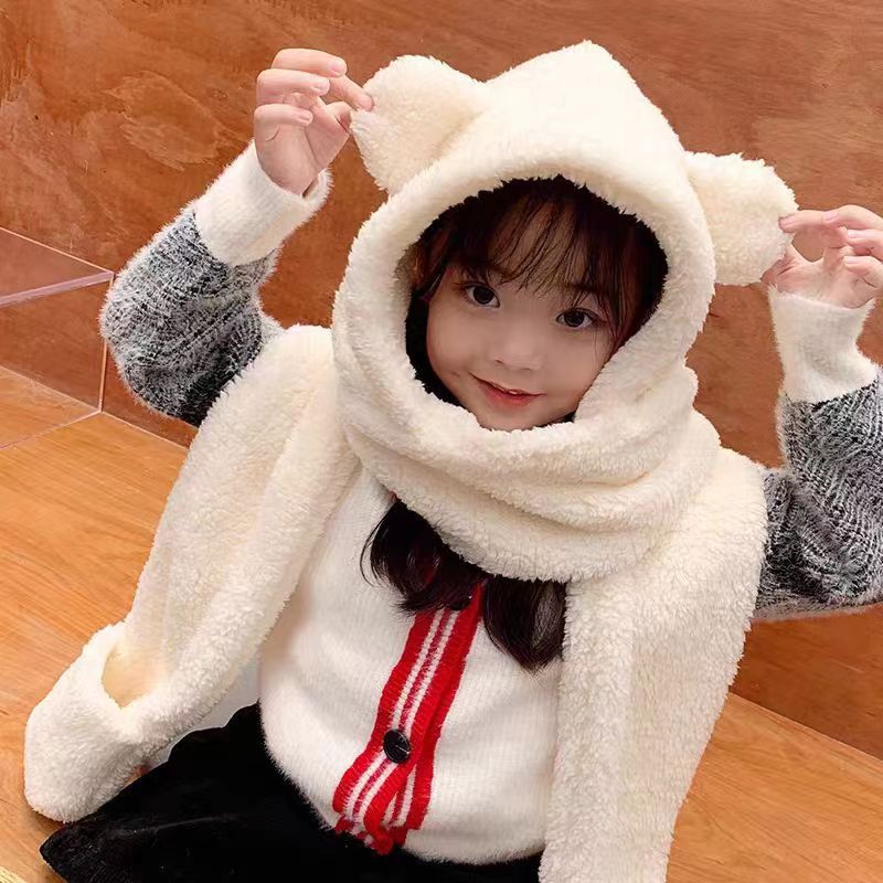 Picture of Winter Warm and Thickeneded Cotton Plush Rabbit Ears Animal Hat Gloves Scarf Bear Three-Piece Hat Factory Ear Protection