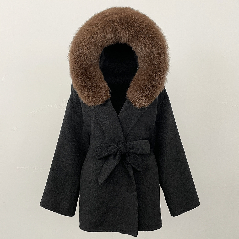 Picture of New Hooded Color-Blocked Fox Fur Collar Autumn and Winter Double-Sided Wool Outwear Women's Cloak Waist Thickeneded Woolen Outwear