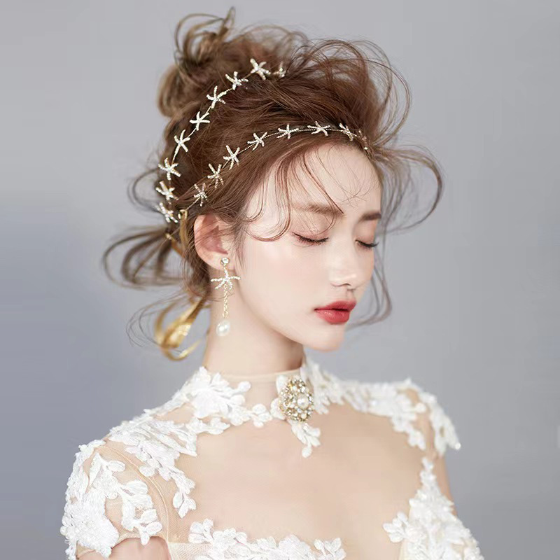 Korean-style Bride Golden Sea Star Rhinestone Hair Belt Ribbon Wedding Dress Party Style Headwear Ear Clip suit Hair