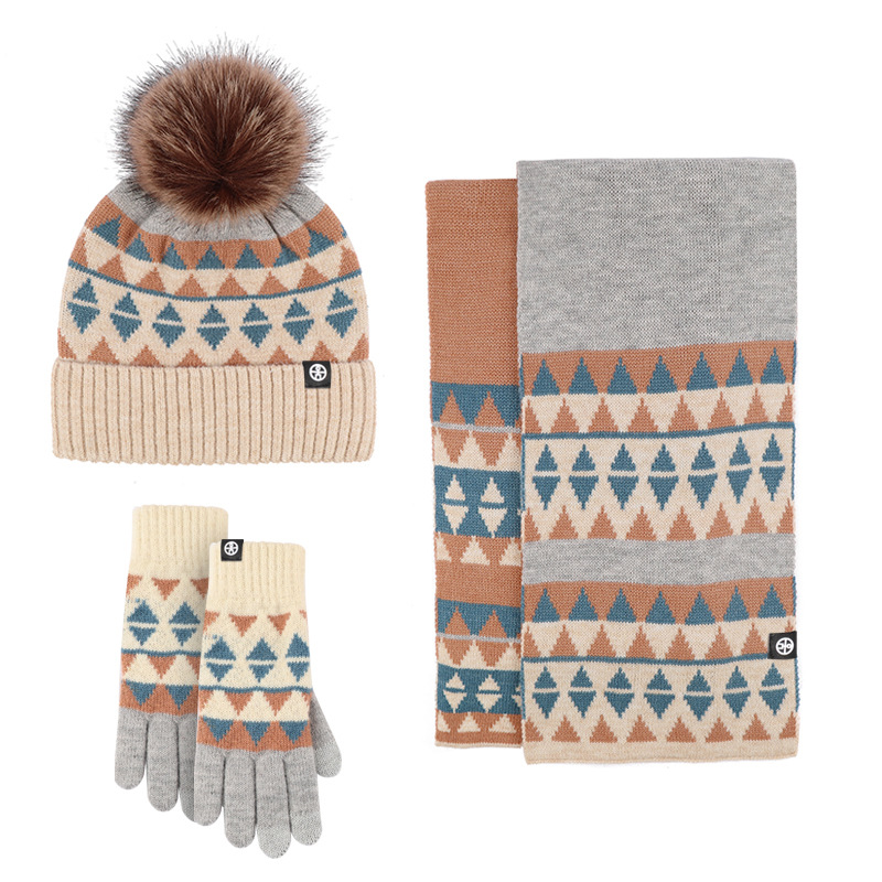 Picture of Winter New Product Japanese Style Knitted Gloves, Scarf and Hat Three-Piece Set Wool Warm and Cold-Proof Fur Ball Scarf Three-Piece Set