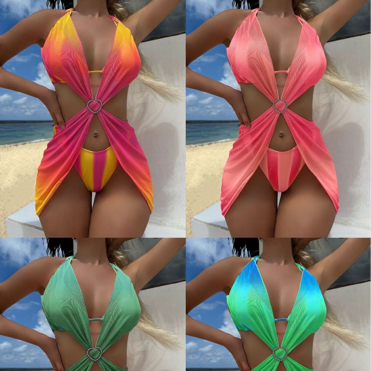 2025 European and American New Style Stripesd Gradient Heart Mesh Skirt Three-Piece Swimsuit Swimsuit Bikini Bikin Cross-Border