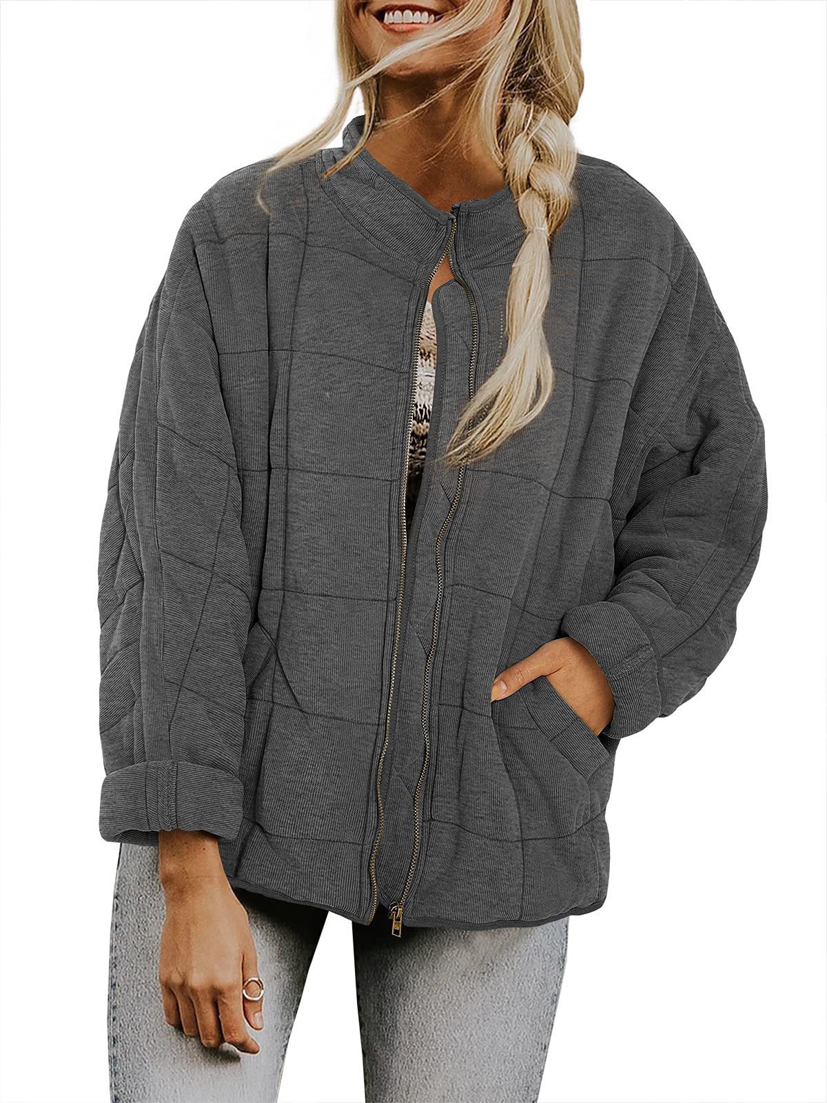 Picture of Cross-border foreign trade Amazon solid color stand collar cotton-padded jacket 2024 European and American women's loose long sleeve pocket jacket