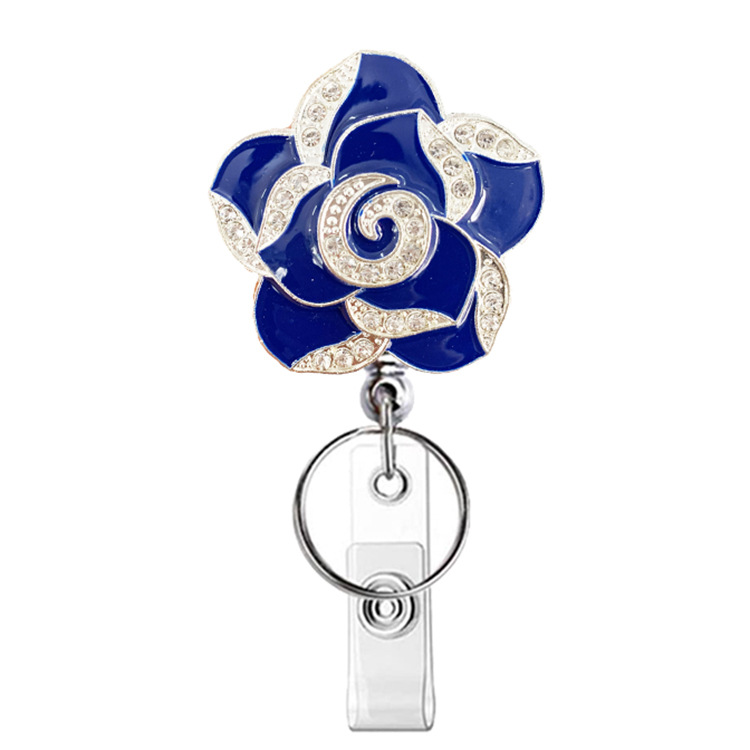 Picture of Silver Electroplating easy pull buckle metal color rhinestone drop oil rose Camellia retractable buckle easy pull ID buckle