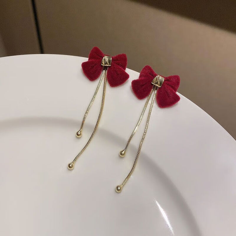 Nanhui Heng'An Red Bow Earrings, Pearl Tassel Earrings, Accessible Luxury and High-End, Long Style, Slimming Look