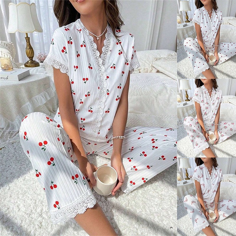 European and American Cross-Border Hot-Selling Women's Home Wear Cherry Print Water-Soluble Embroidered Lace Short-Sleeved Pants That Can Be Worn Outside Pajamas for Women