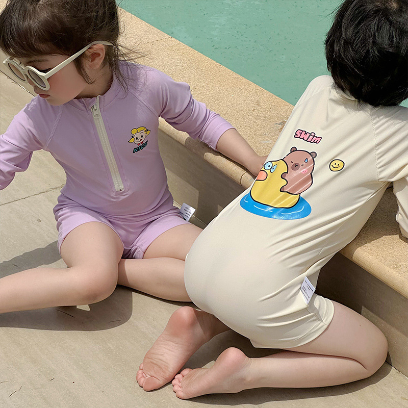 Summer New Children's Swimsuit Long-sleeved Sunscreen Swimsuit Simple Cartoon Beach Hot Spring Holiday Swimsuit Trendy
