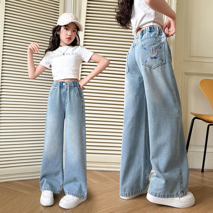 Girl's Big Boy's Pants Summer Thin 2025 New Girl's Straight Wide Leg Pants Smiley Tencel Jeans Wholesale