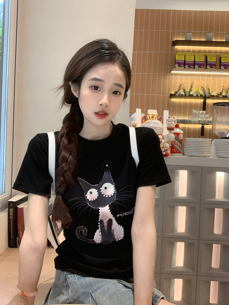 Picture of Cartoon Kitten Pattern Embroidered Short-sleeved T-shirt Women's Summer New Design Sense Niche Western Style Short Top Ins Trendy