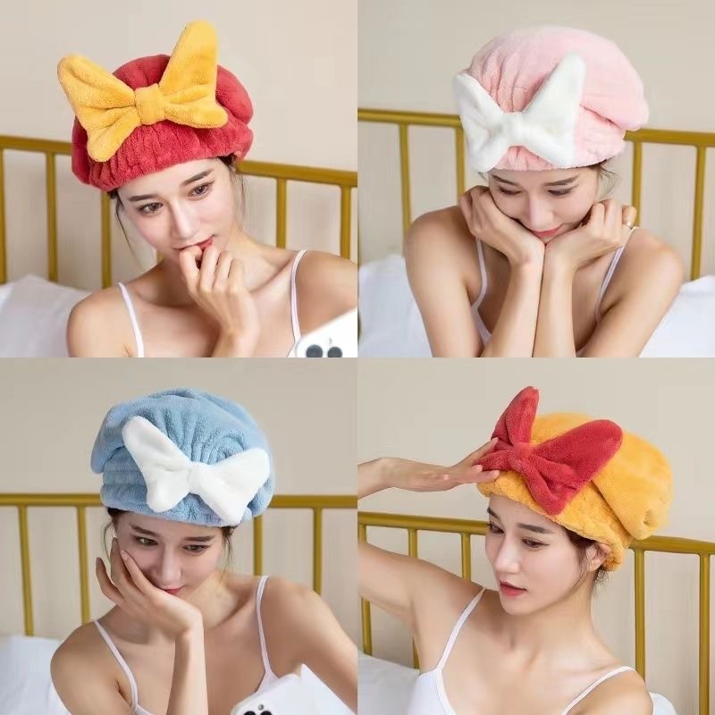 Picture of New thickened coral fleece bow hair drying cap absorbent quick-drying women's shower cap hair drying towel factory one-piece delivery