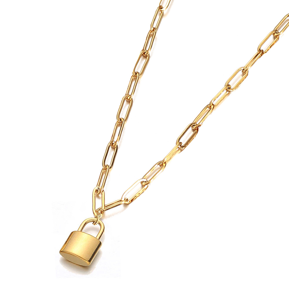 Picture of European and American Style Stainless Steel Paperclip Chain Padlock Pendant Clavicle Charm Personality Necklace