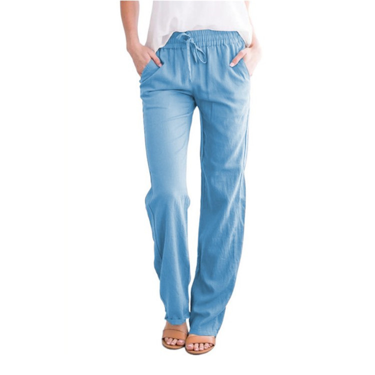 Picture of 2025 Cross-Border Ebay Amazon Wish Spring and Summer New Pure Color Cotton and Linen Loose Drawstring Casual Wide-Leg Pants for Women