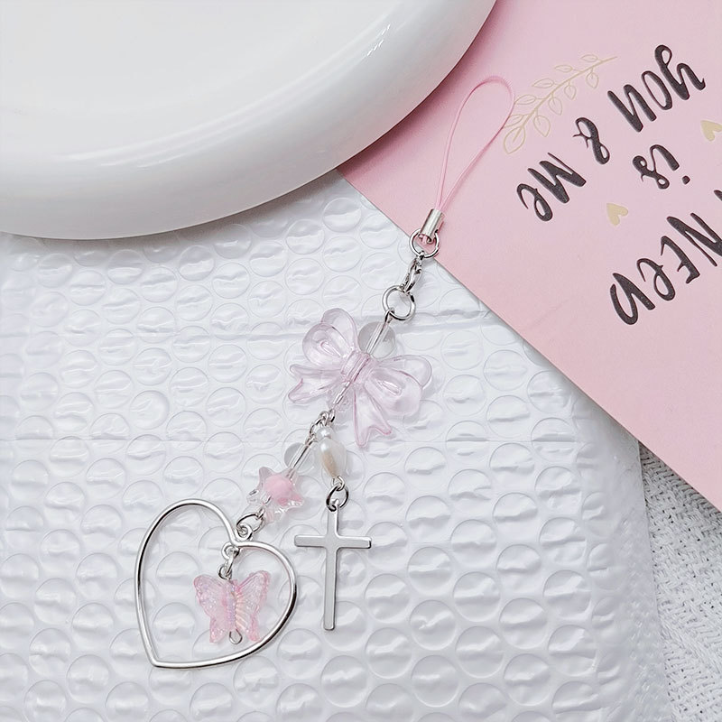 Picture of Japanese and Korean Style ins Harajuku Beaded Gooben Chain Card Book Hanging Chain Pink Style Girl's Heart Bow Love Mobile Phone Chain