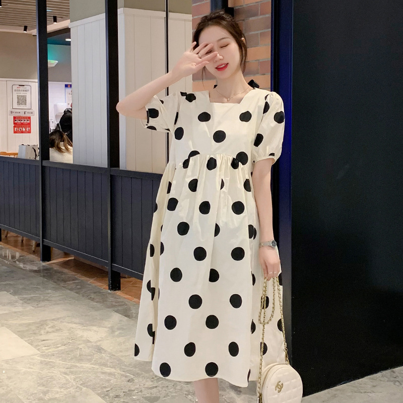 Picture of Maternity Summer Loose plus size Fashion Polka Dot Western Style Square Collar High Waist Long Dress Trendy Mom Polka Dot Pregnant Women's Dress Summer