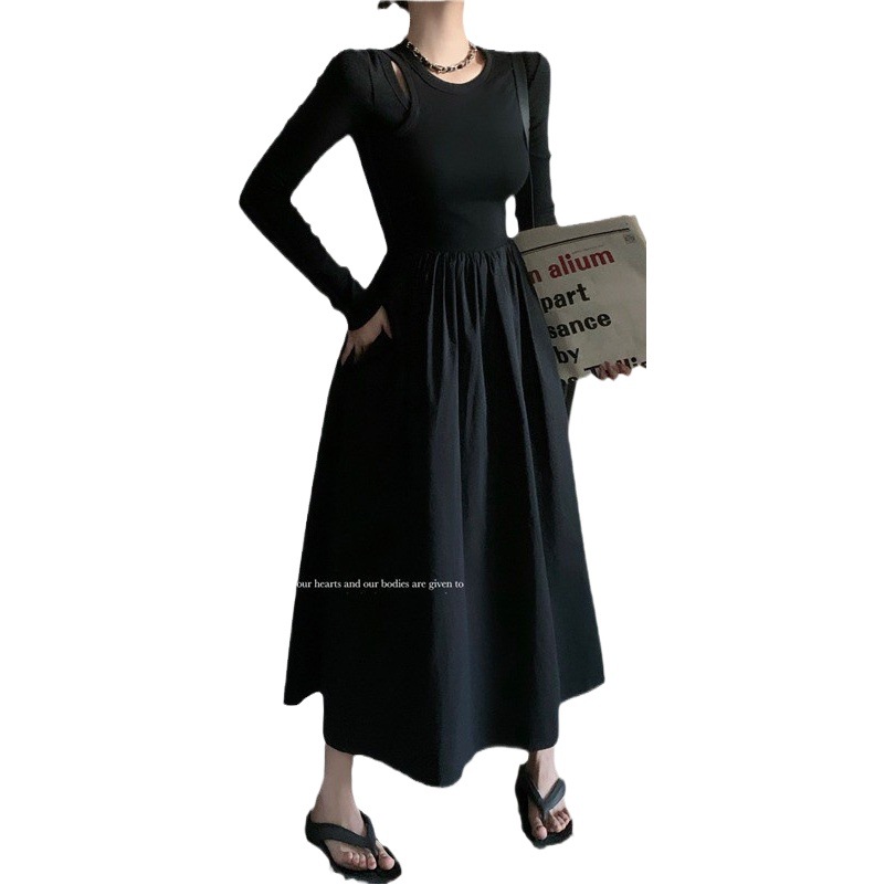 French Black Hollow-out Knitted dress Women's Autumn and Winter New High-end Elegant Long-sleeved Waist Long Skirt