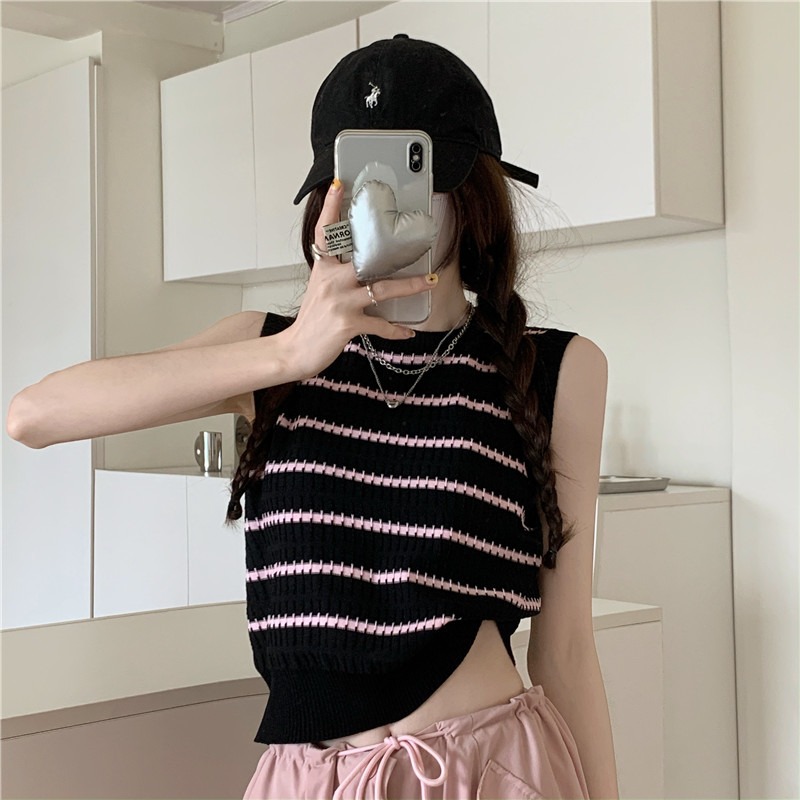 Camisole women's elegant rich striped short sleeveless knitted bottoming shirt vest women's summer outer wear