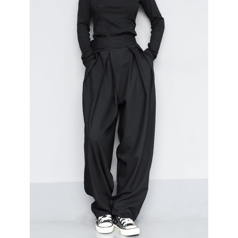 2024 Black Pleated Wide Leg Pants High Waist Spring and Autumn New Loose Straight Velcro Mop Pants High Street Trendy