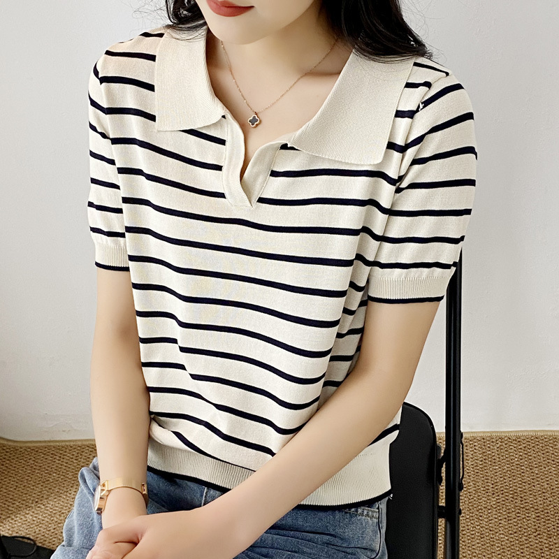 Picture of Polo Shirt Summer 2023 New Korean Striped Short-sleeved Knitted Shirt Women's Thin Slimming Polo Collar T-shirt