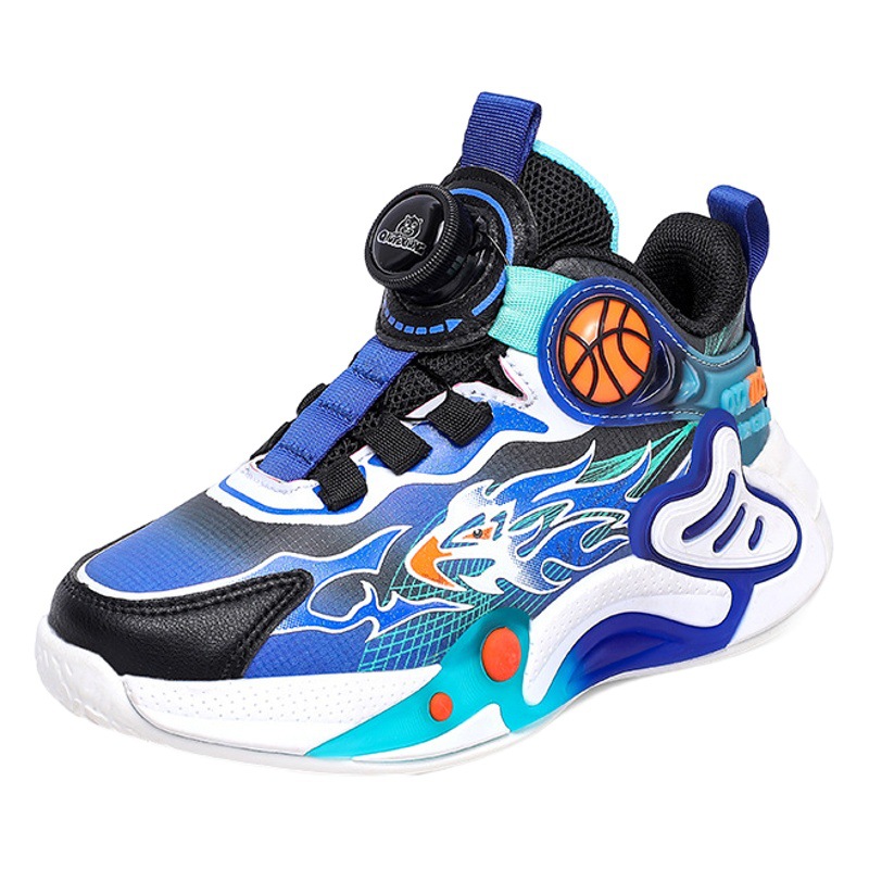 Boys Basketball Shoes 2024 Autumn New Rotating Buckle Children's Shoes Middle and Big Children's Running Shoes Leather Surface Breathable Waterproof Non-slip