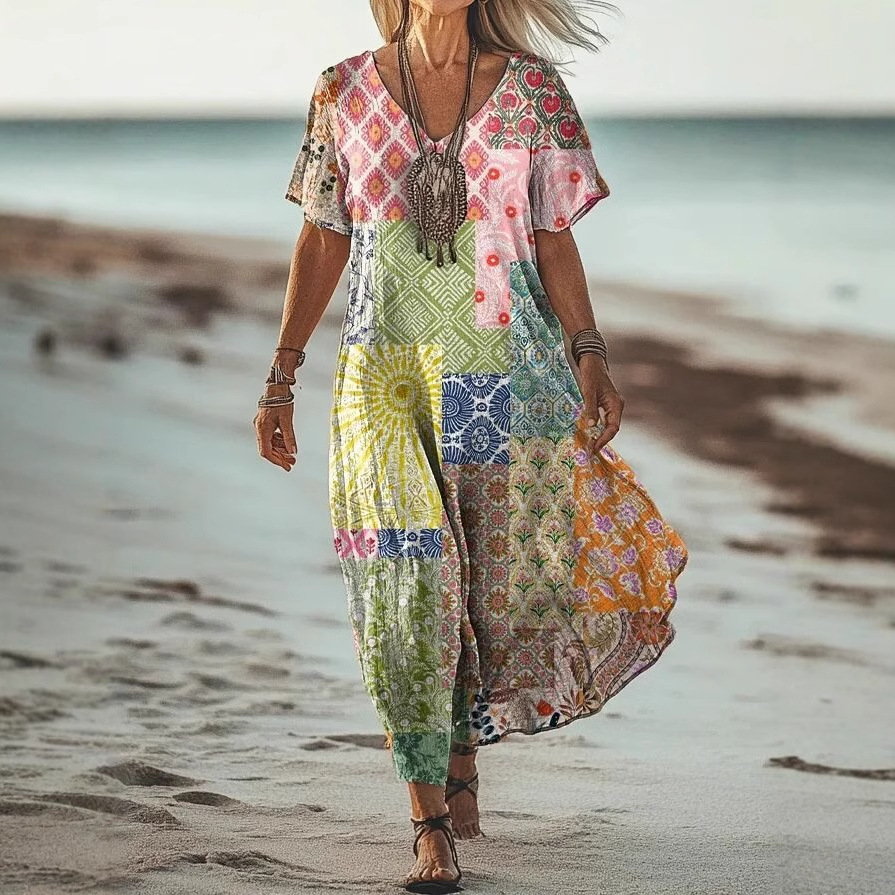 2025 Cross-Border Amazon Aliexpress Creative Floral Women's Summer New V Neck Short-Sleeved Dress Mid-Length Skirt