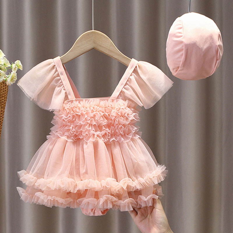 Girls' One-piece Swimsuit 2024 Summer New Children's Pink Backless Skirt Mesh Swimsuit Hot Spring Swimsuit